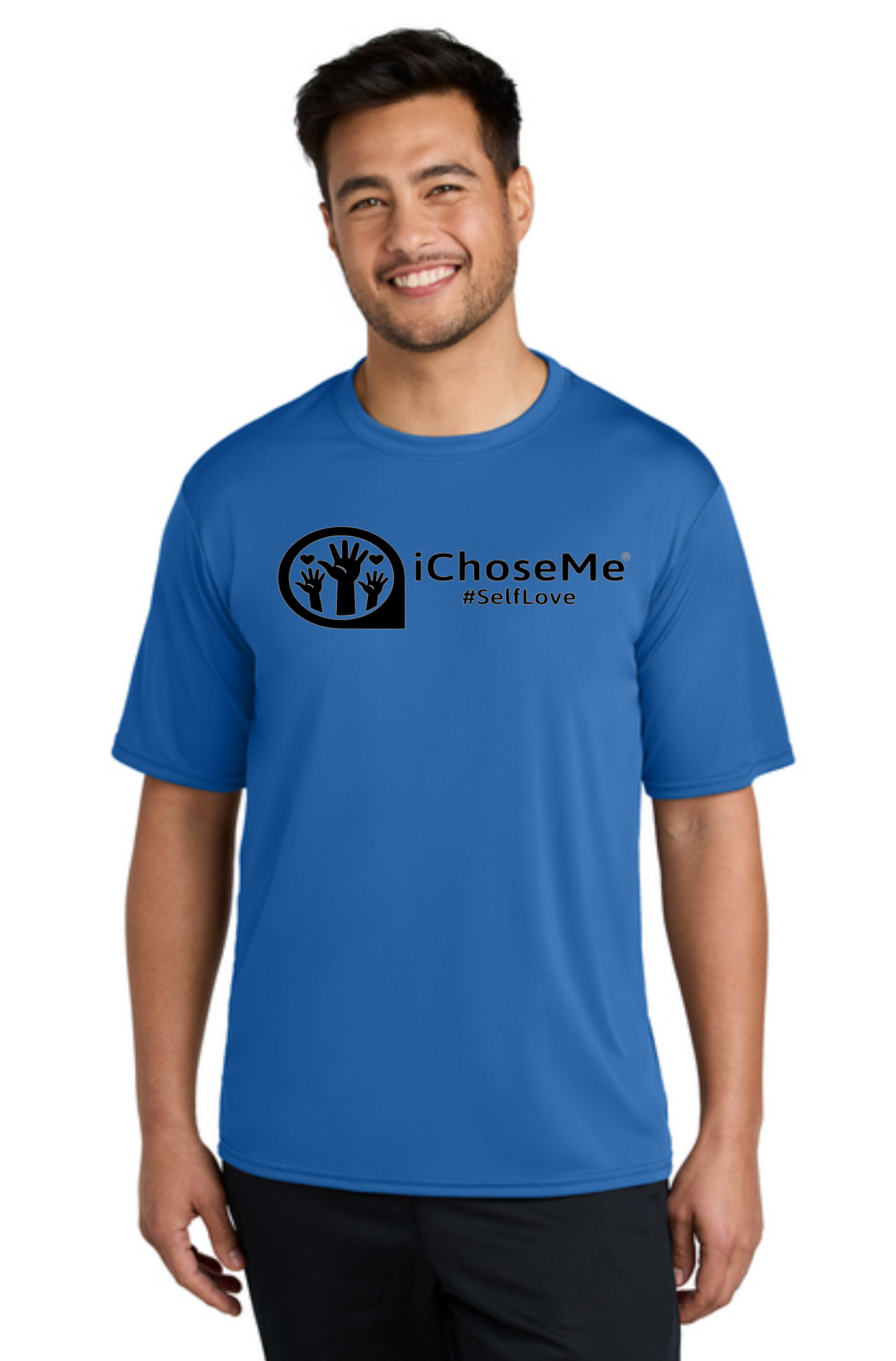 Blue iChoseMe self love graphic T-shirt worn by smiling man
