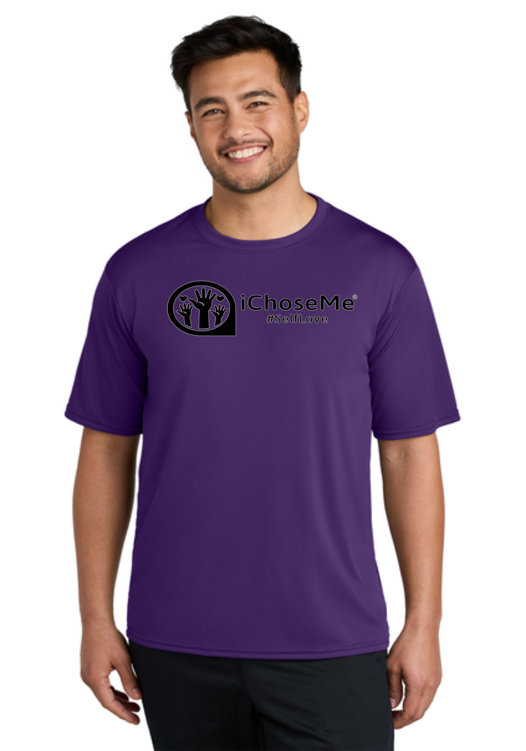Purple iChoseMe self love t-shirt worn by smiling man with short black hair