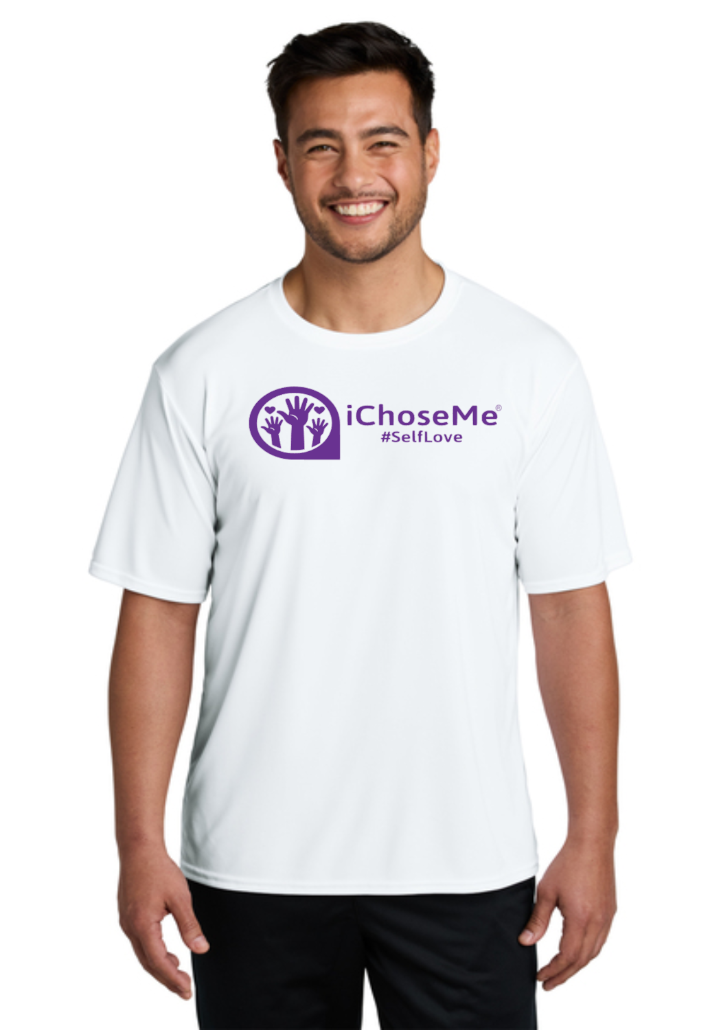 White iChoseMe SelfLove T-Shirt with purple logo worn by smiling man