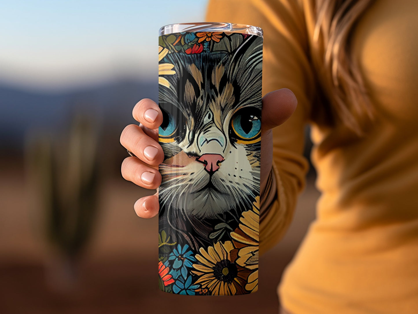 Cat and Floral Art Design Print Tumbler Product
