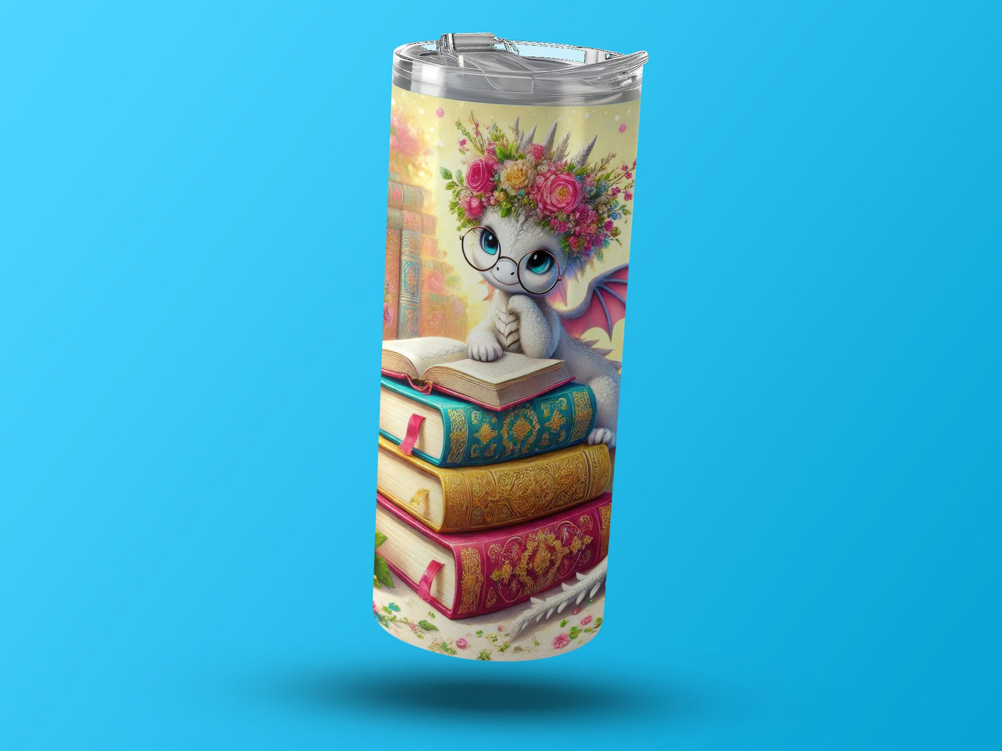 Cute Dragon with Flower Crown on Books Drinkware product