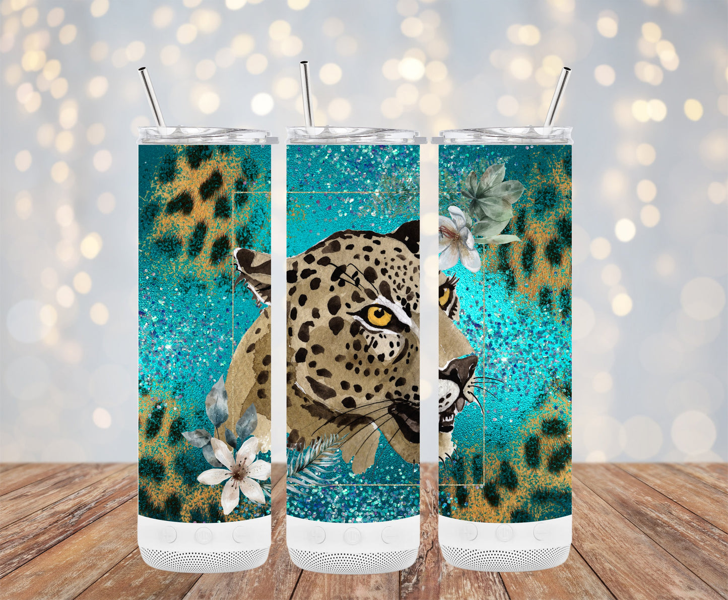 Leopard with Floral Design Glitter Tumbler product