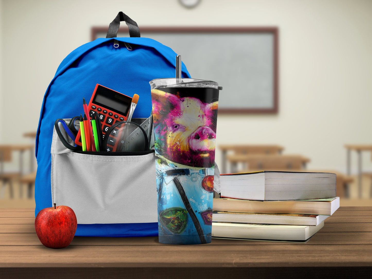 Backpack with School Supplies and Pig Design Product