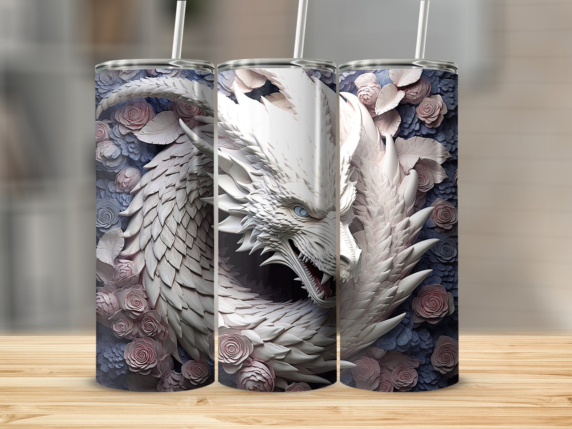 Stunning White Dragon with Flowers Tumbler product