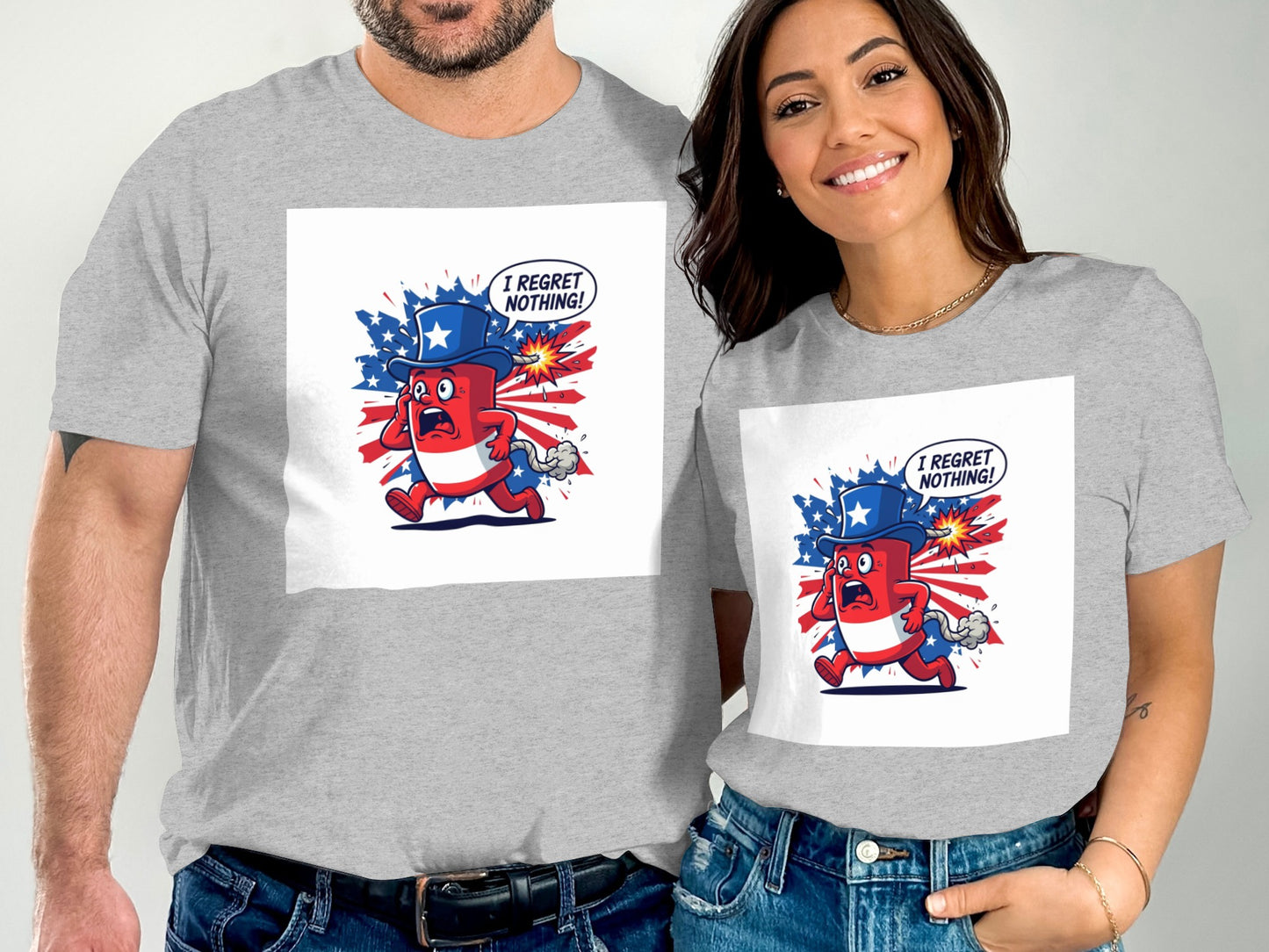 Man and woman in gray t-shirts with a cartoon patriotic character saying "I regret nothing!".