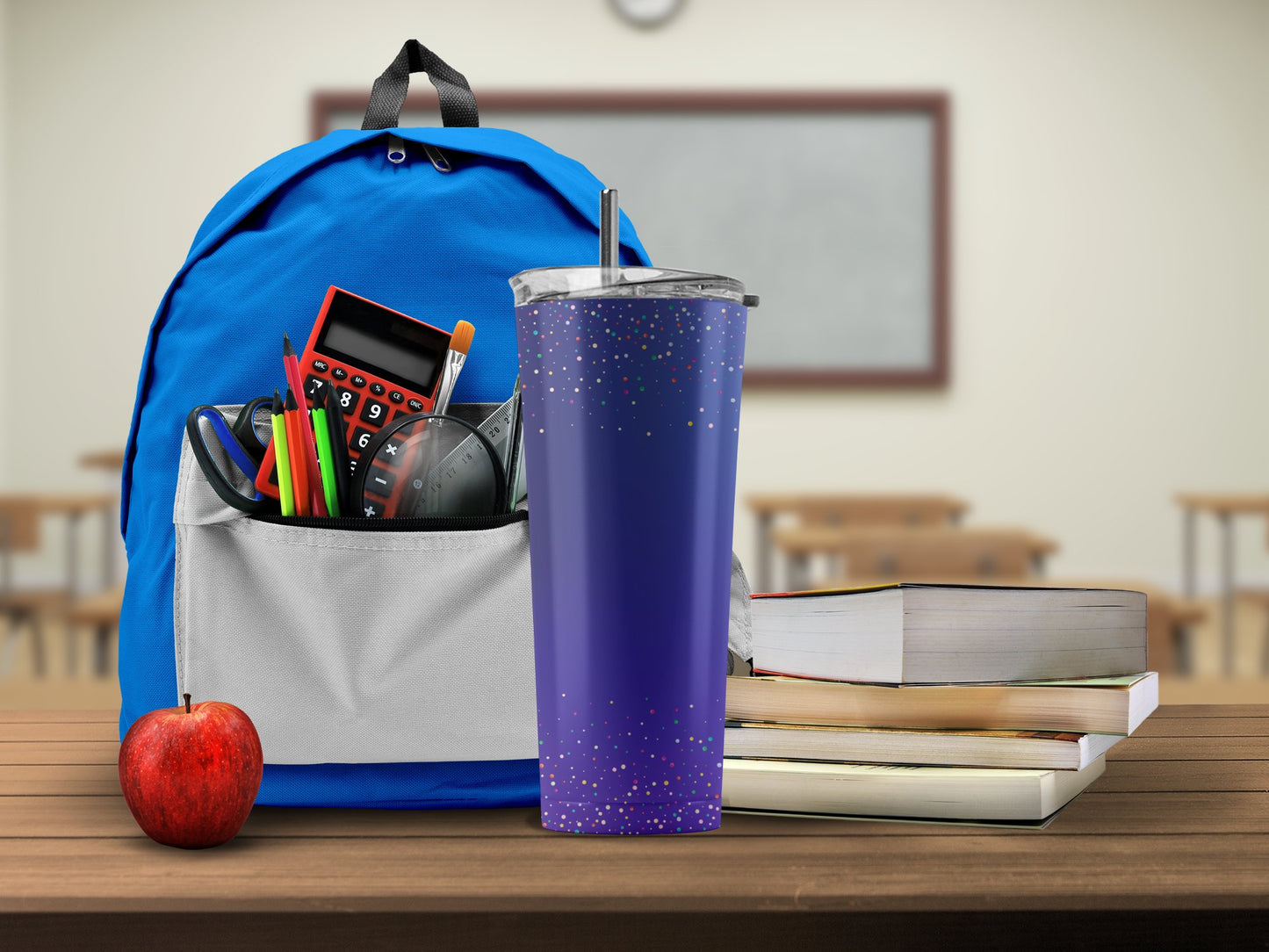 Blue Backpack with Calculator Books and Tumbler product