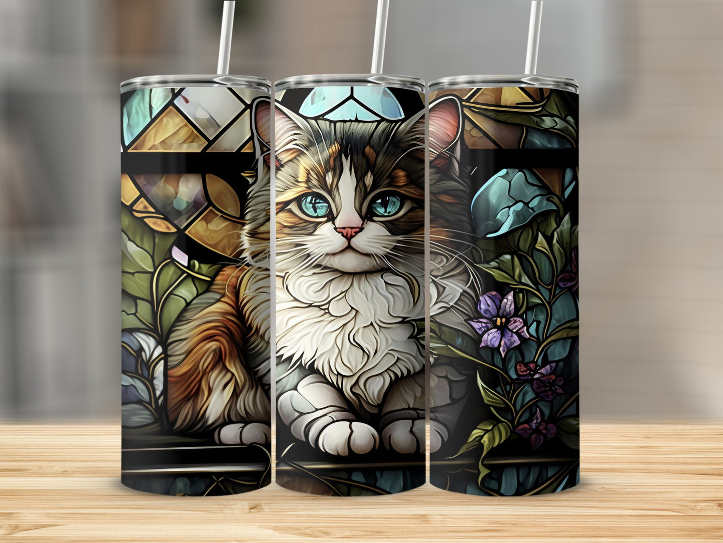 Cute Cat and Floral Design Decorative Tumbler product