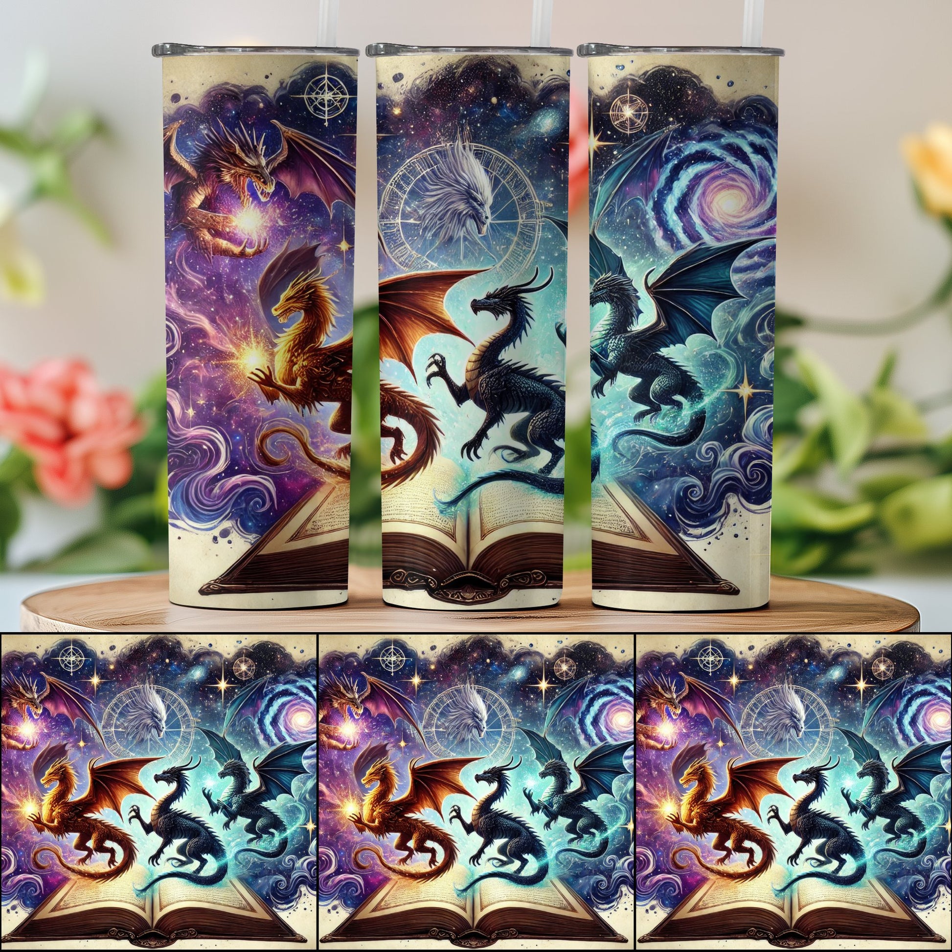Fantasy Dragons Fighting on Book Tumbler product