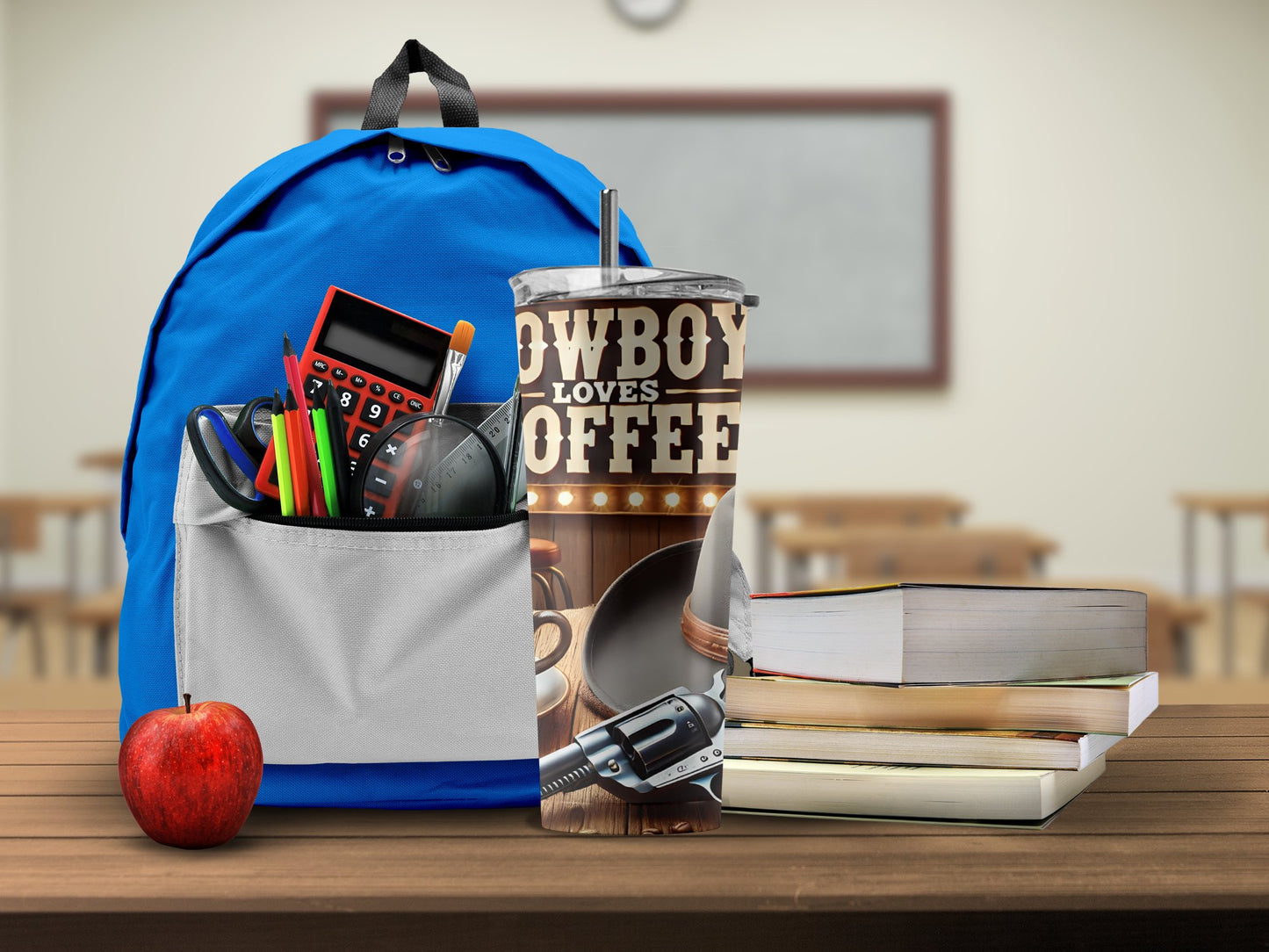 Cowboy Loves Coffee Tumbler with School Supplies product