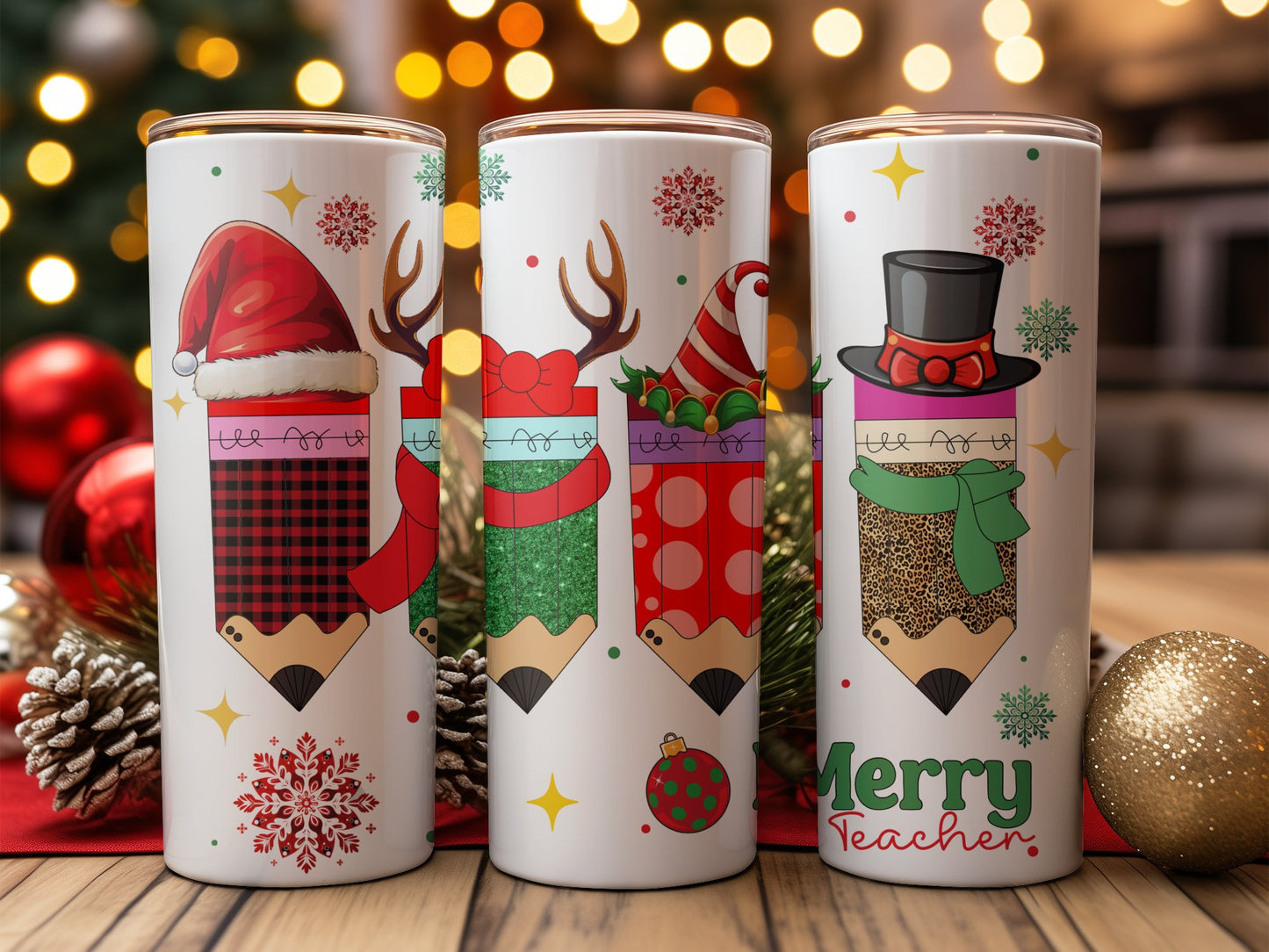 Festive Merry Teacher Holiday Pencil Design Tumblers 6649729