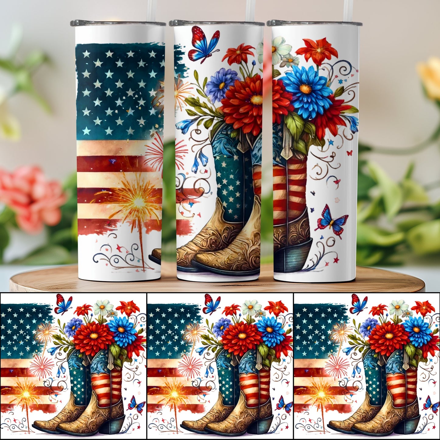 Patriotic Boots with Flowers and Butterflies (4th July Tumblers) 8371285