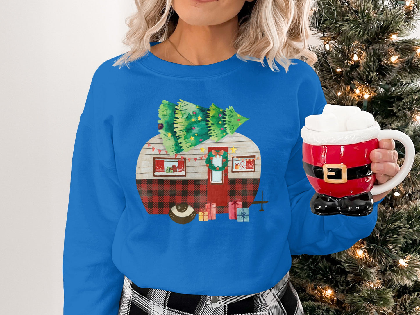 Festive Holiday Camper Sweatshirt with Santa Mug