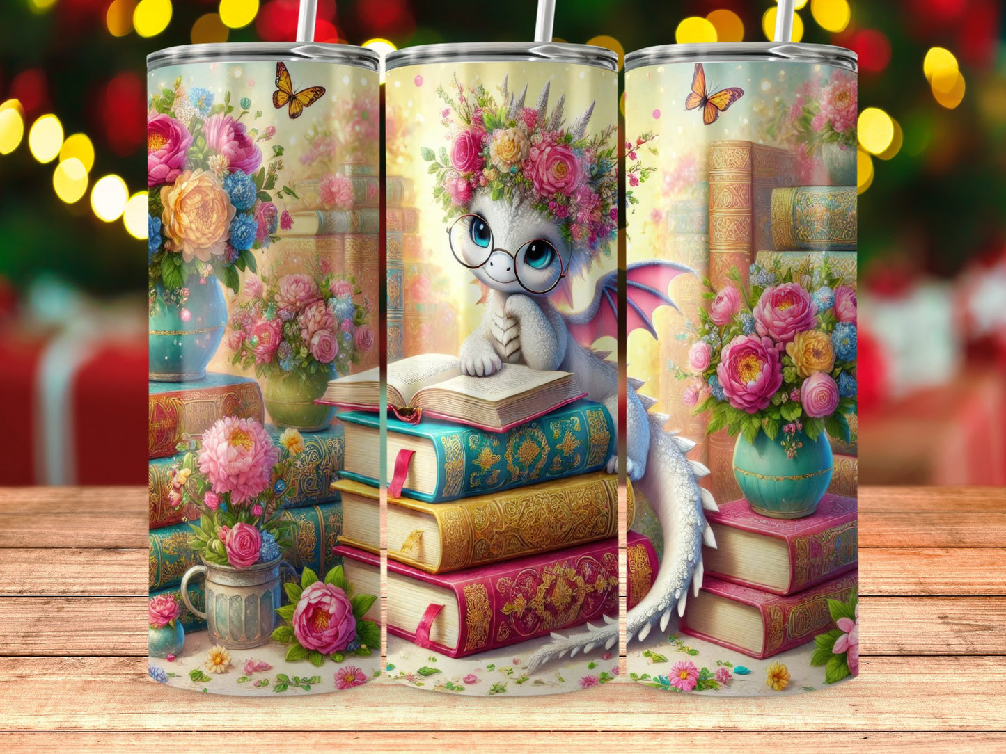 Cute Dragon with Flowers and Books Tumbler product