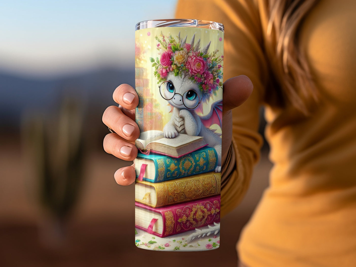 Adorable Dragon with Glasses on Books Tumbler product