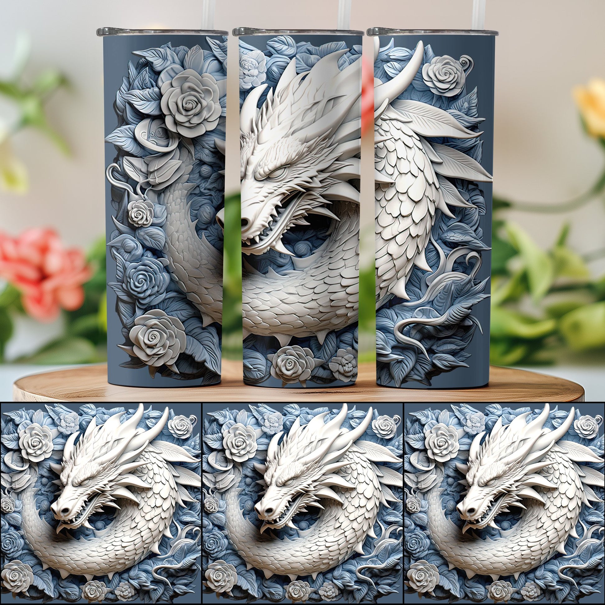 Blue and White Dragon Design Full Wrap Tumbler product