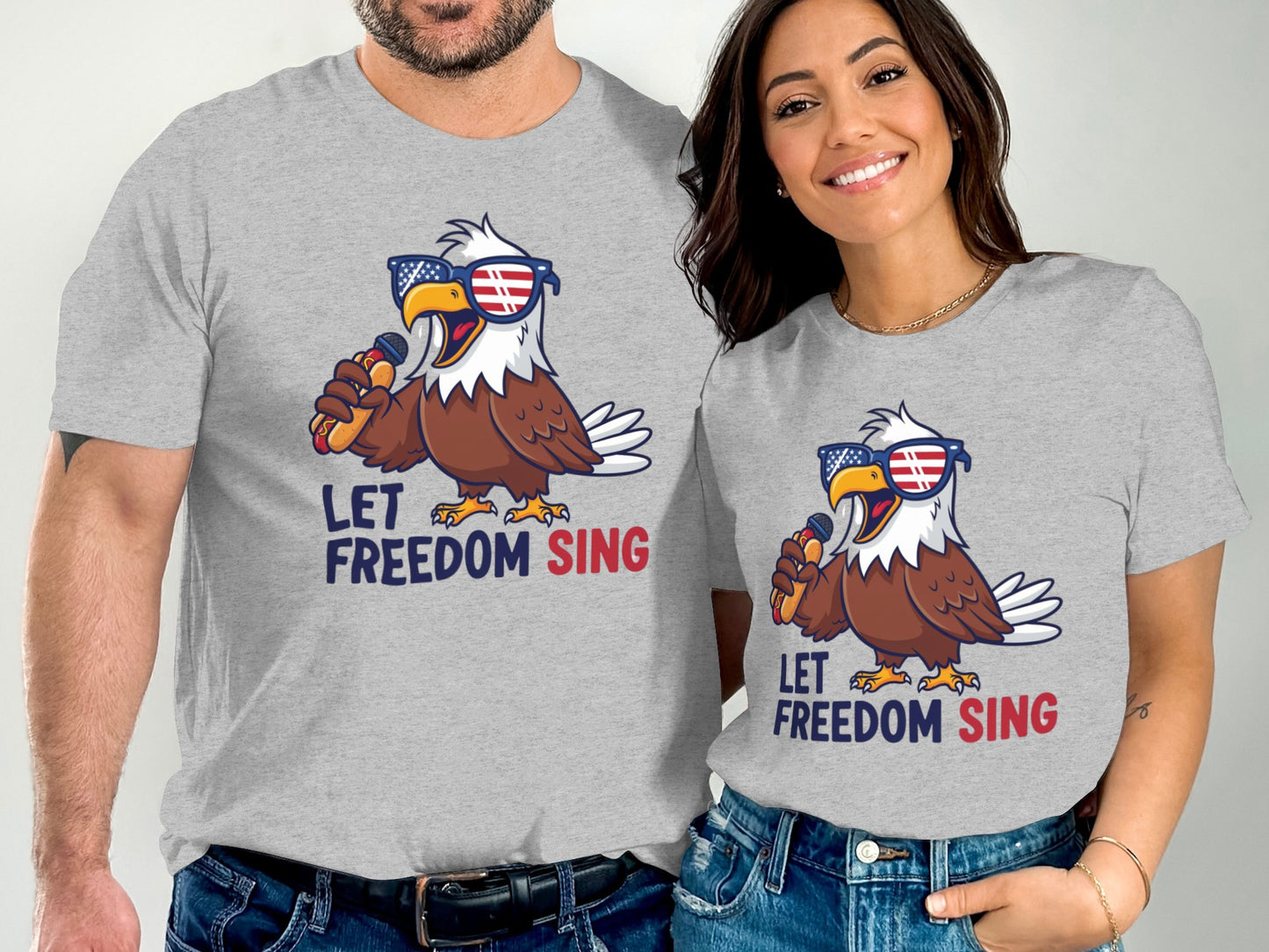 Eagle wearing sunglasses and singing into a microphone on grey t-shirts.