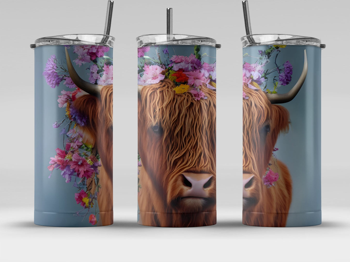 Highland Cow Tumbler with Floral Wreath Design product