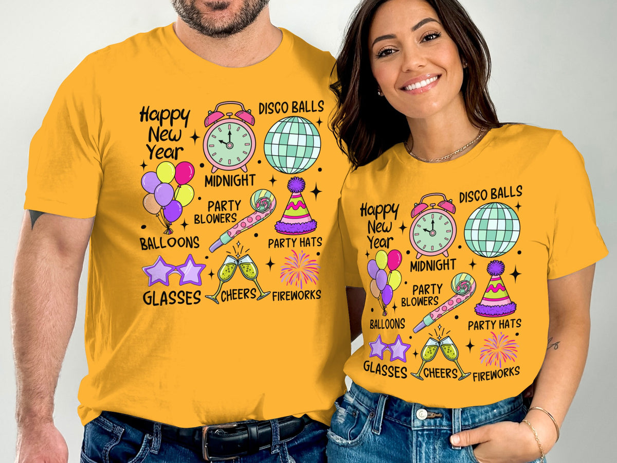 Happy New Year Disco Balls Party Hats Balloons Glasses Shirt