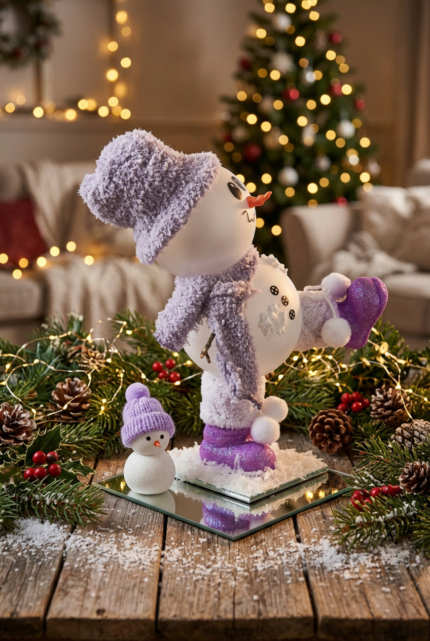 Adorable Snowman Decor with Purple Hat and Scarf