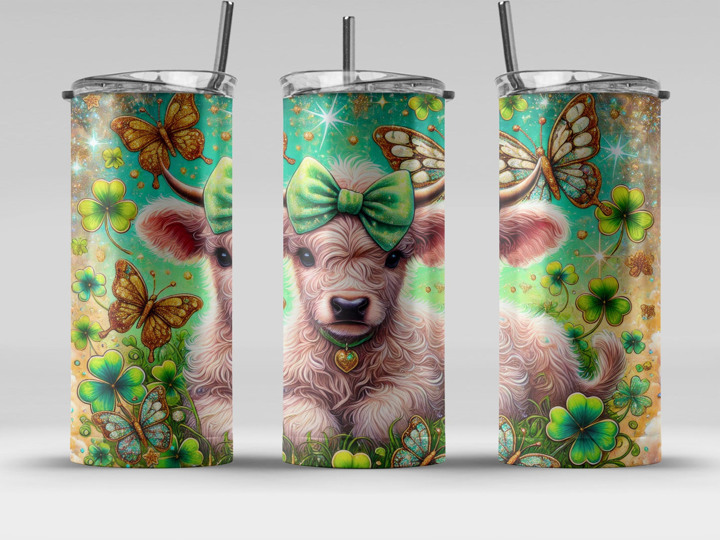 Cute Cow with Clover Butterflies Design Tumbler Cup