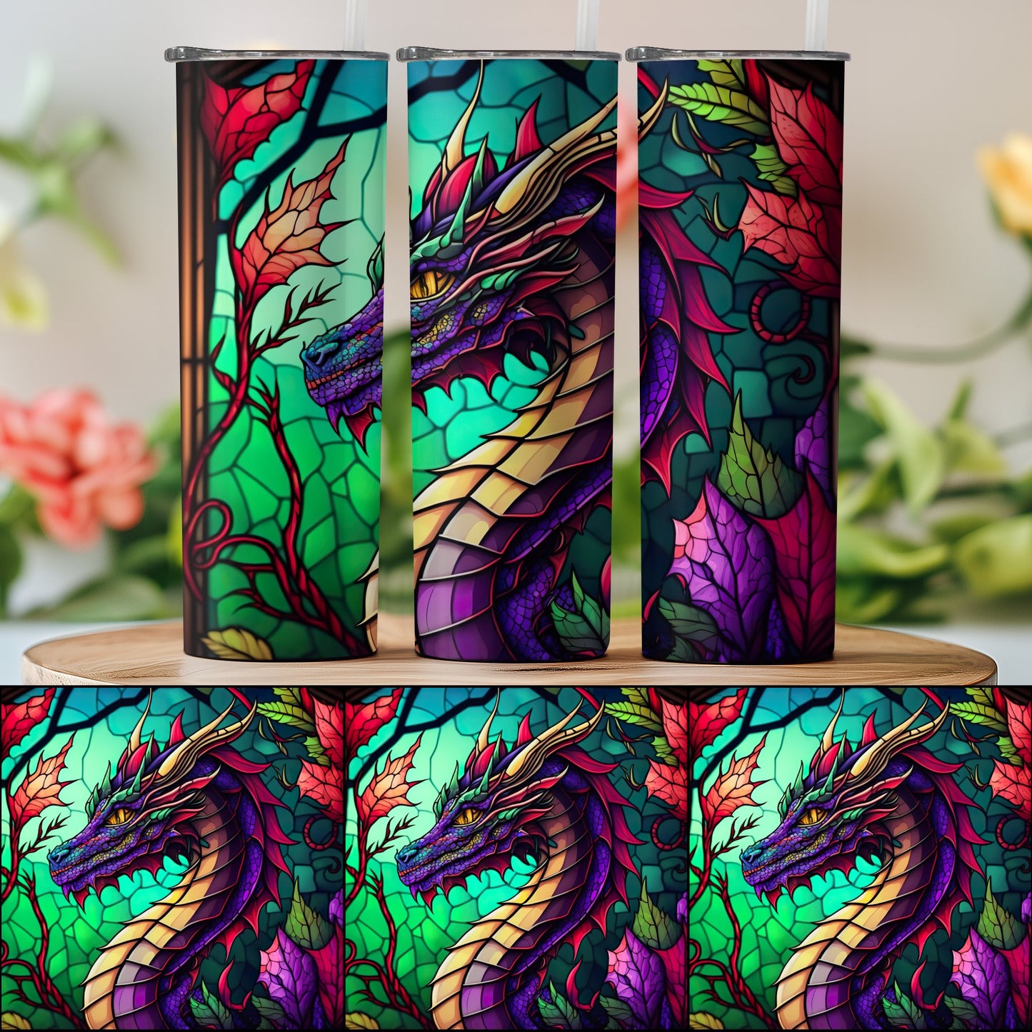Colorful Dragon and Leaves Design Tumbler product