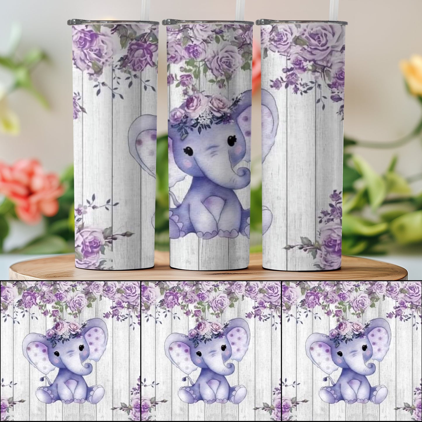 Cute Purple Elephant and Floral Design Tumbler product