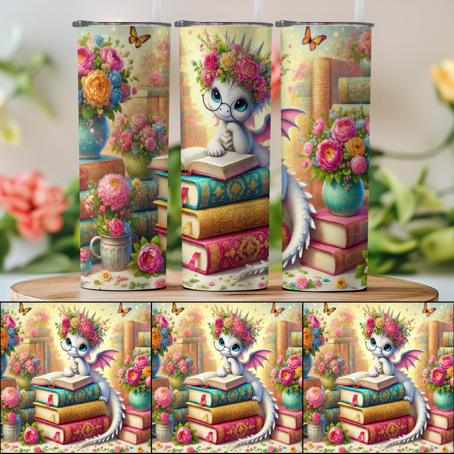 Adorable Floral Dragon with Books Tumbler product