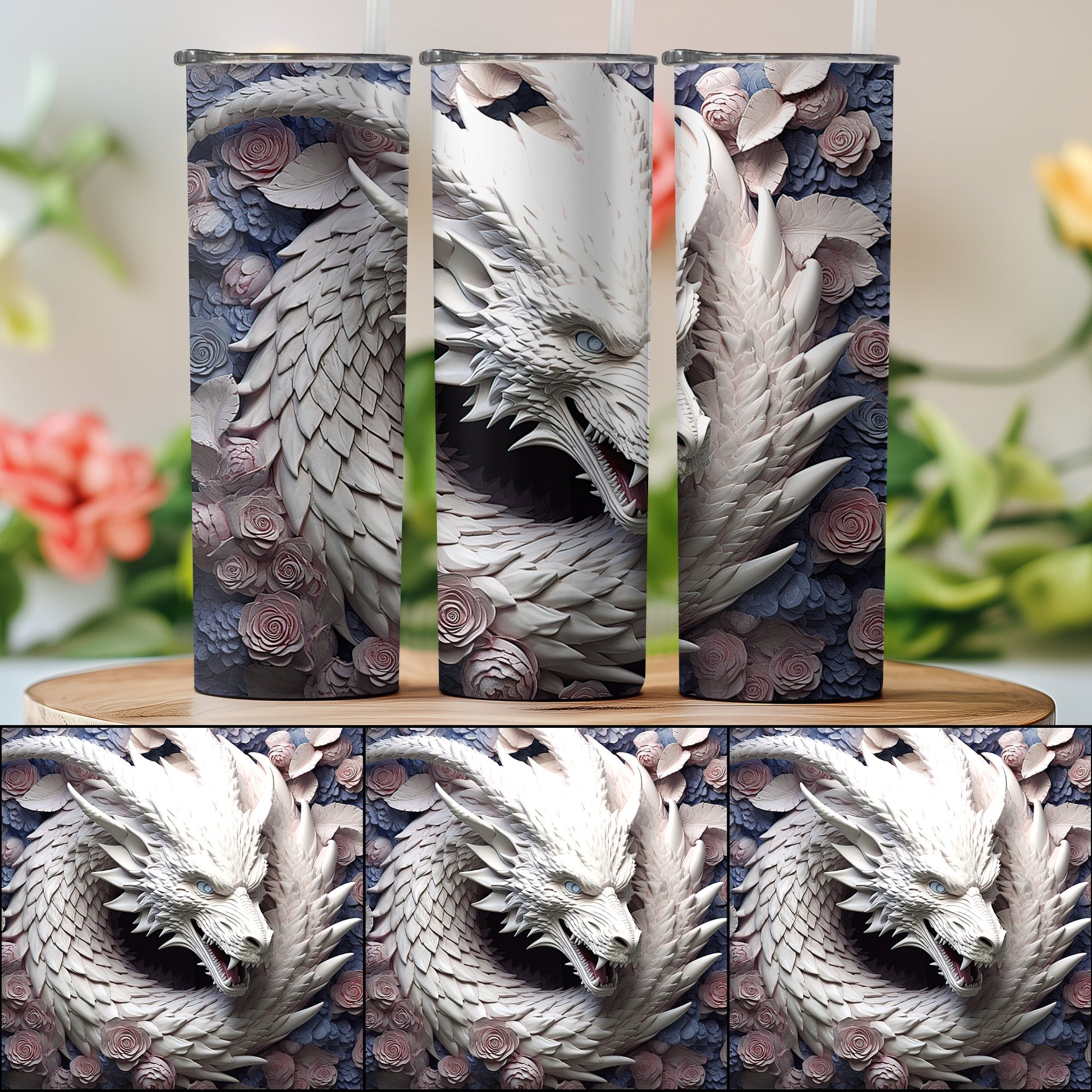 Majestic White Dragon Floral Art Tumbler product