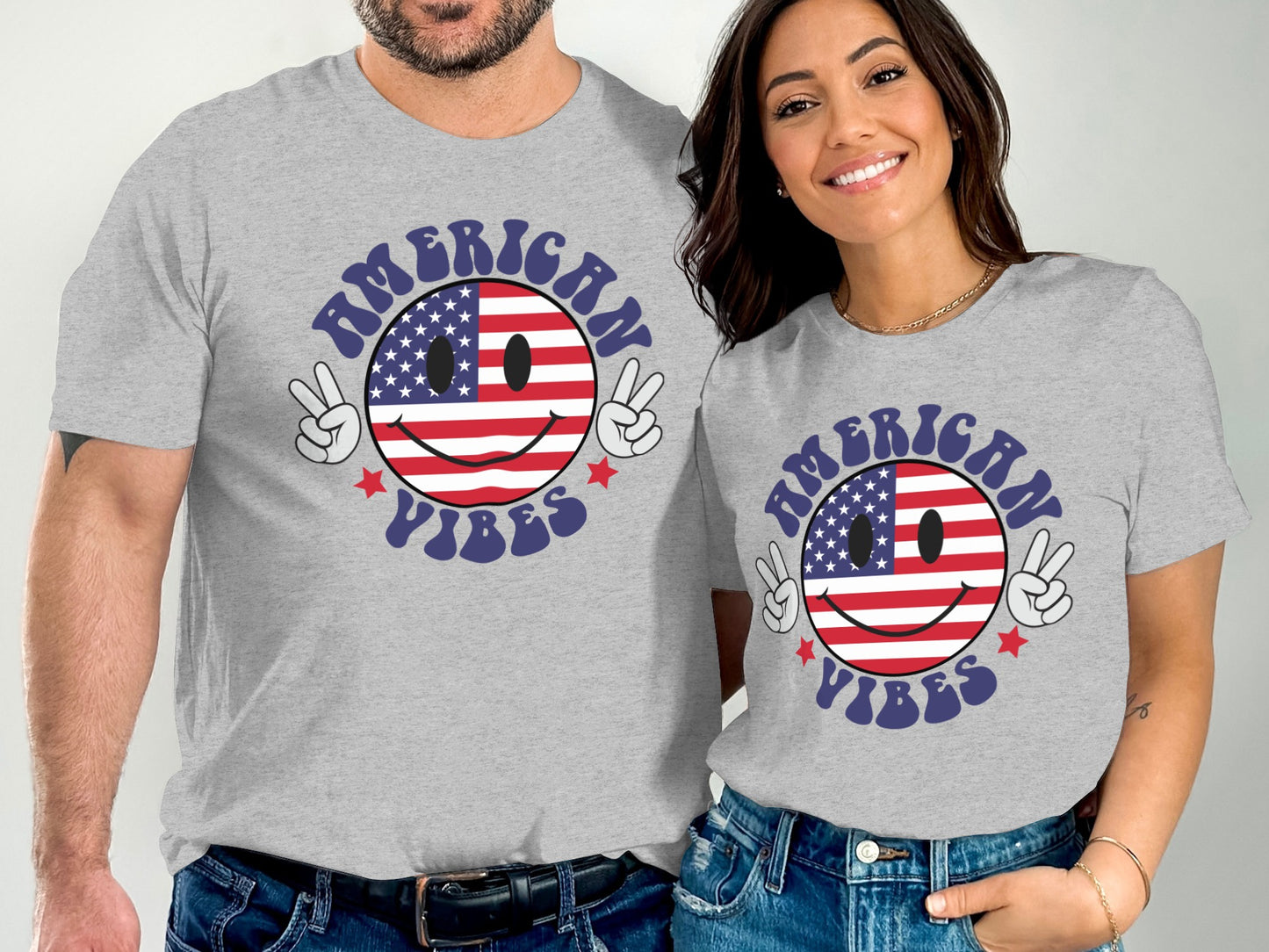 Gray t-shirts with American flag smiley face and "American Vibes" text.