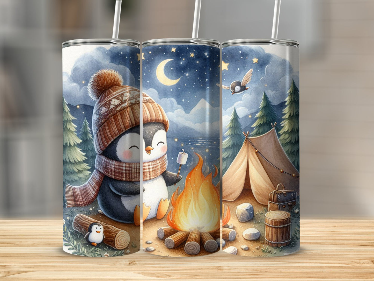 Cute Penguin Winter Campfire Scene Tumbler product