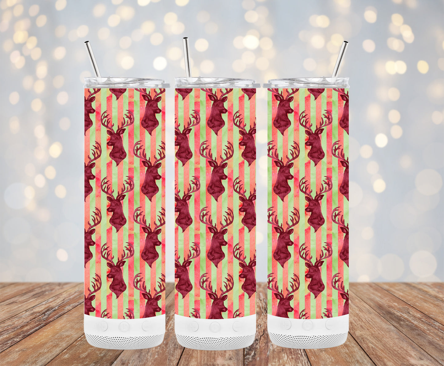 Vibrant Red Deer Pattern on Green Stripe Tumblers 6216192