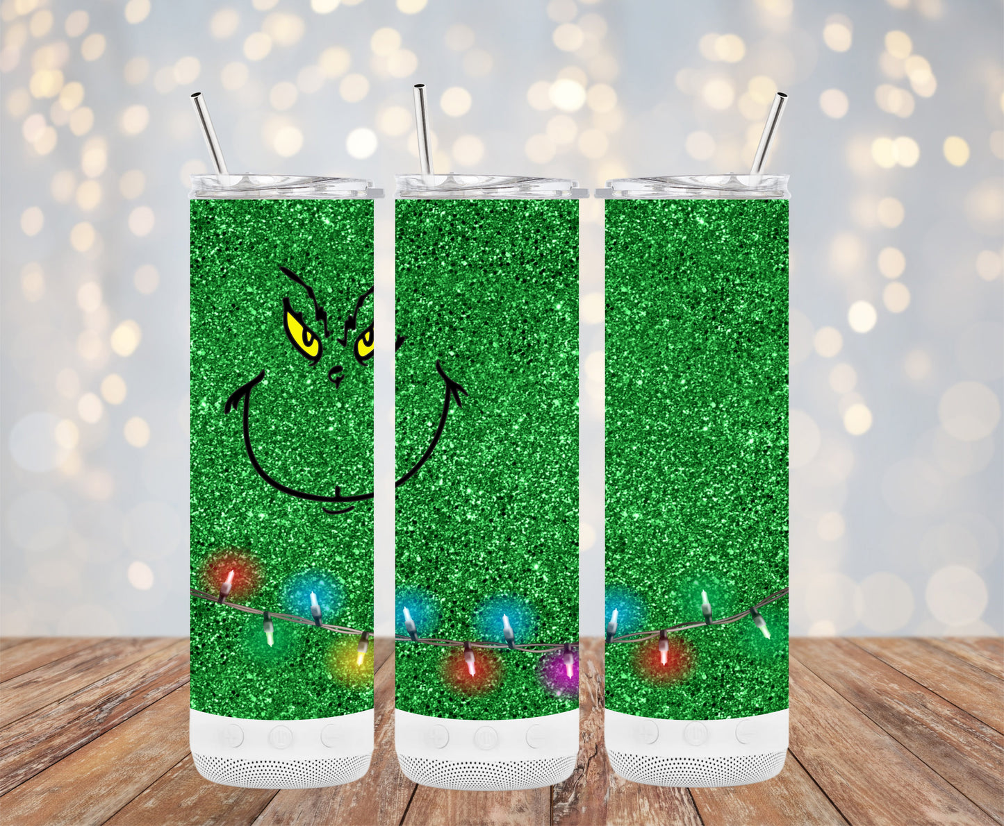 Glittery Green Grinch Face Design with Lights Tumblers 6216174