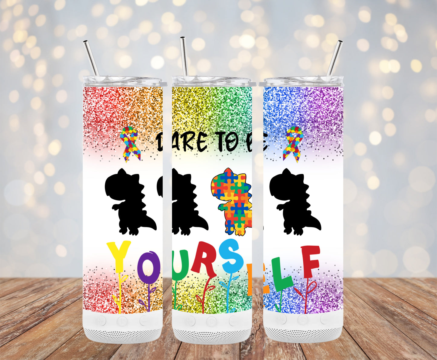 Dare to Be Yourself Rainbow Dinosaur Print Tumblers