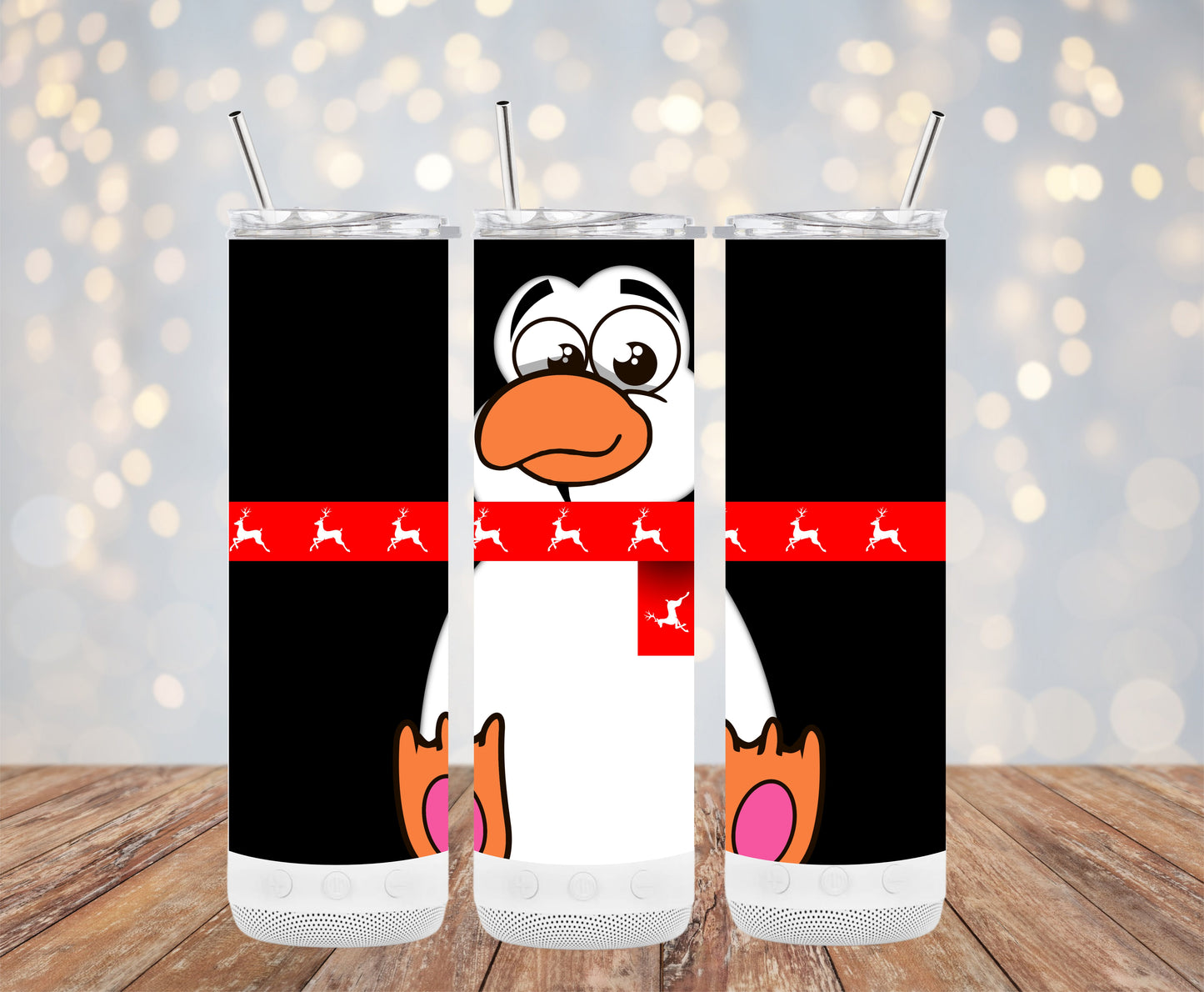 Penguin on Black Background with Red Holiday Trim Tumblers 6216143