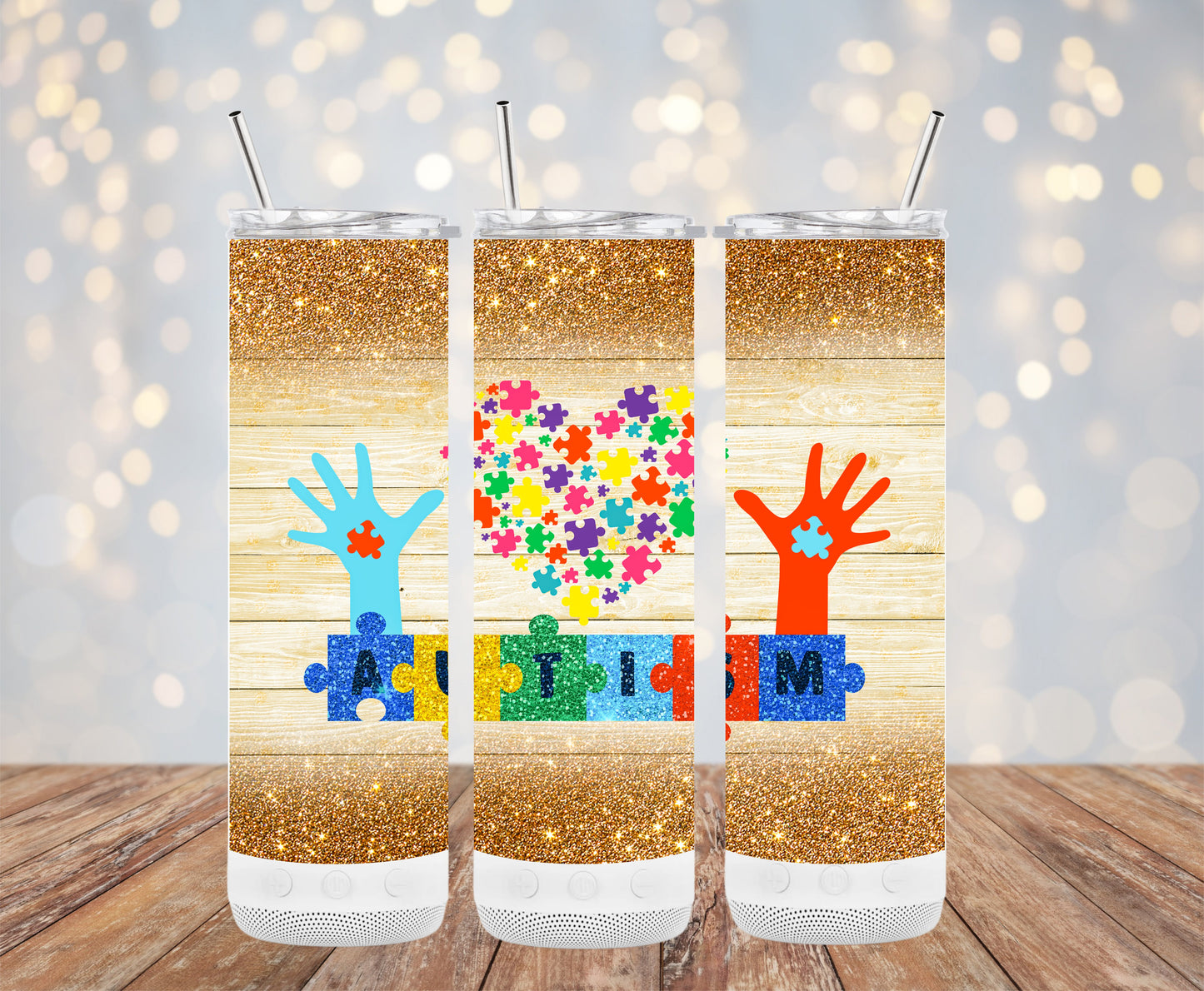 Autism Puzzle Pieces Heart Hands Glitter Tumblers