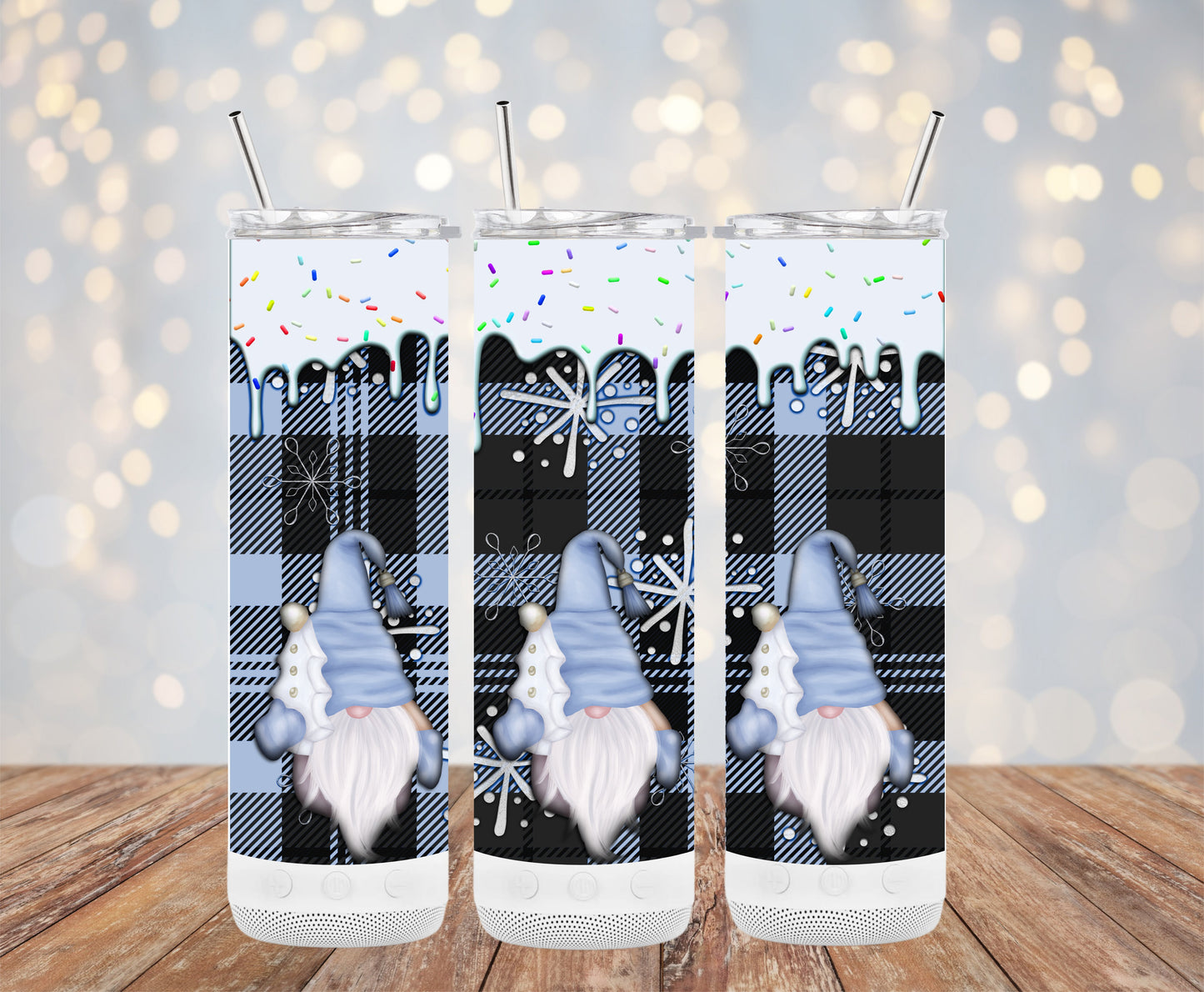Festive Gnome Snowflake Pattern Black Plaid Tumblers 6216239