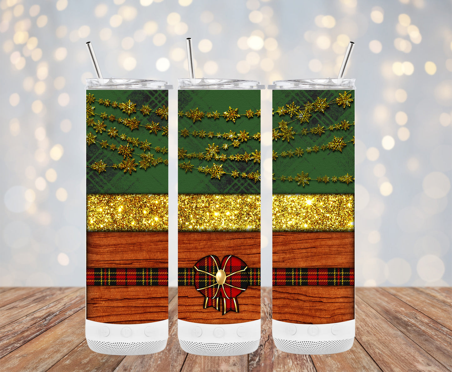 Festive Gold Snowflakes and Plaid Design Tumblers 6216258