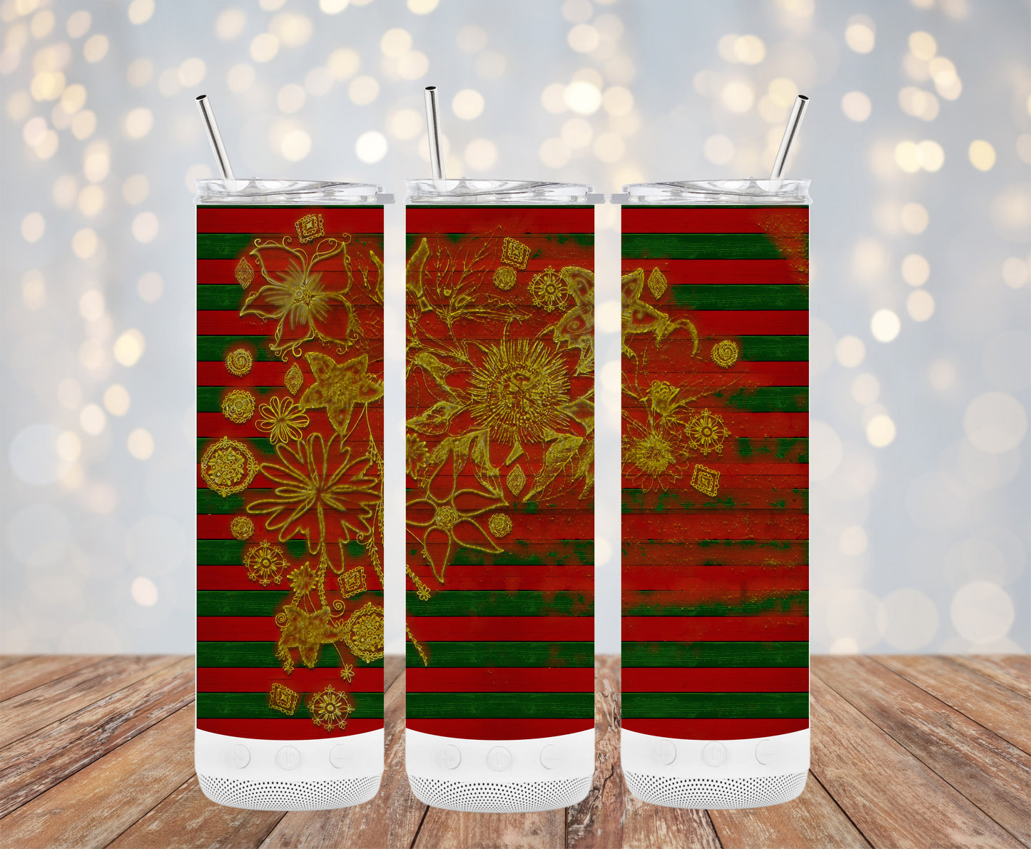 Festive Red Green Floral Striped Holiday Design Tumblers 6216223