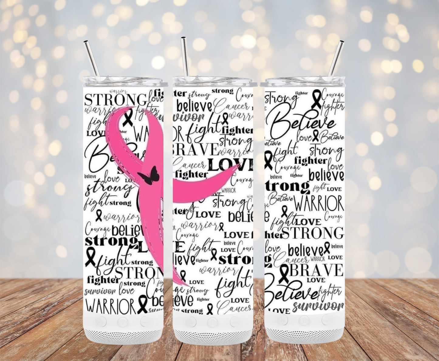 Inspirational Words Pink Ribbon Design Tumblers