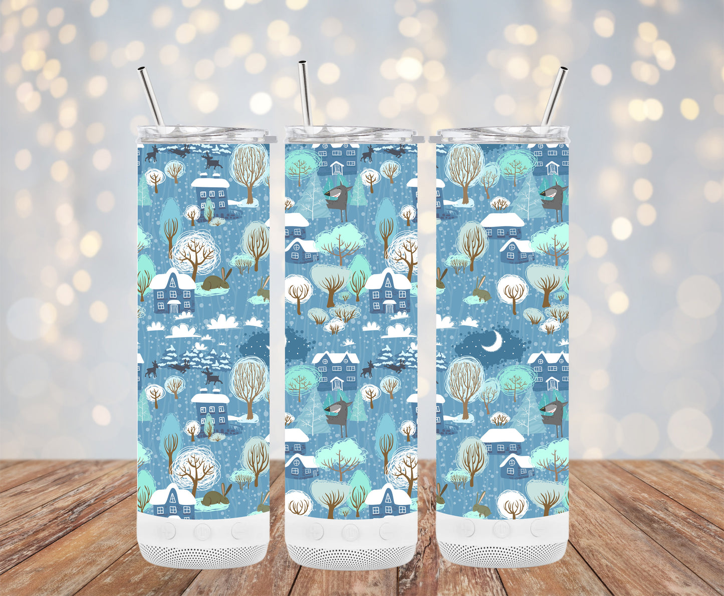 Winter Village Pattern Design Blue Background Tumblers 6216094