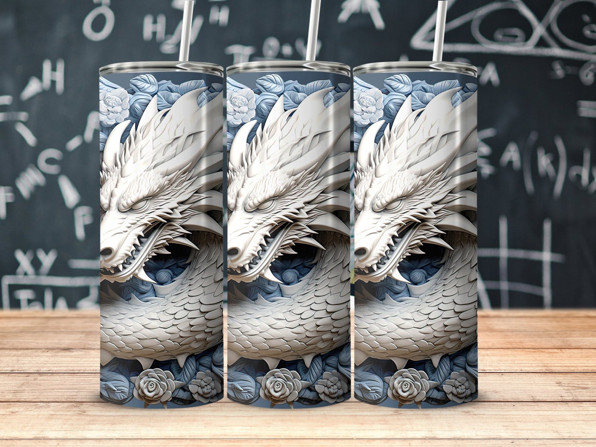 Mythical White Dragon Blue Floral Print Tumbler product type