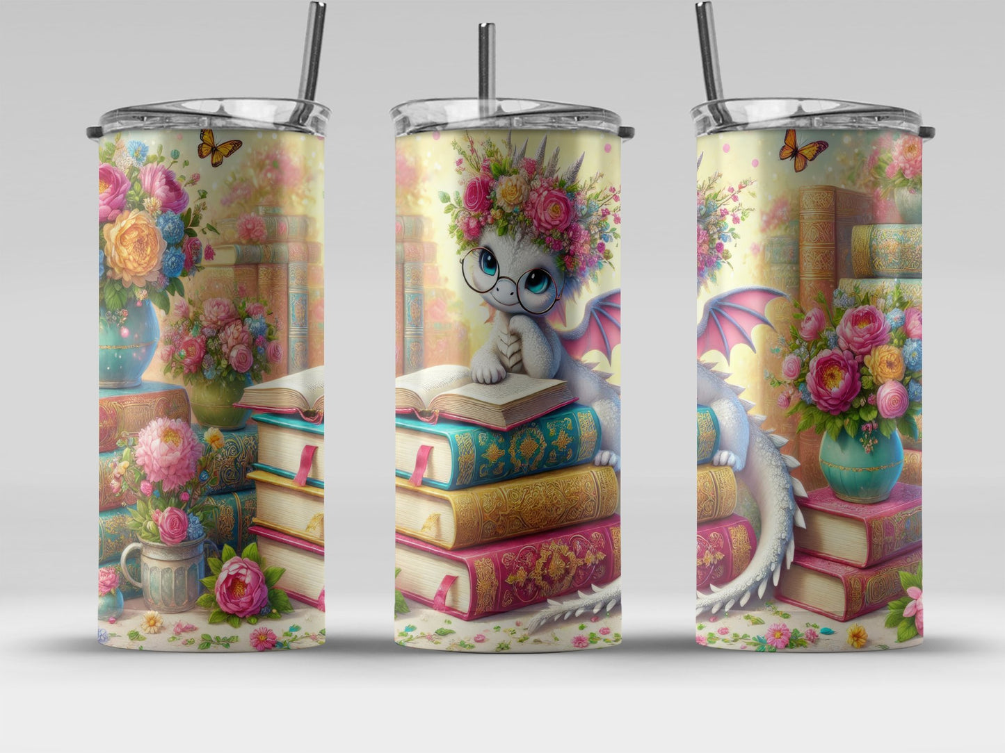 Cute Dragon with Books and Flowers Art product type