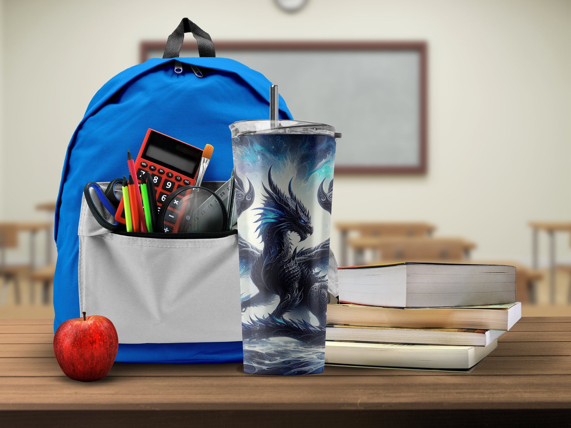 Blue School Backpack with Dragon Themed Travel Mug product
