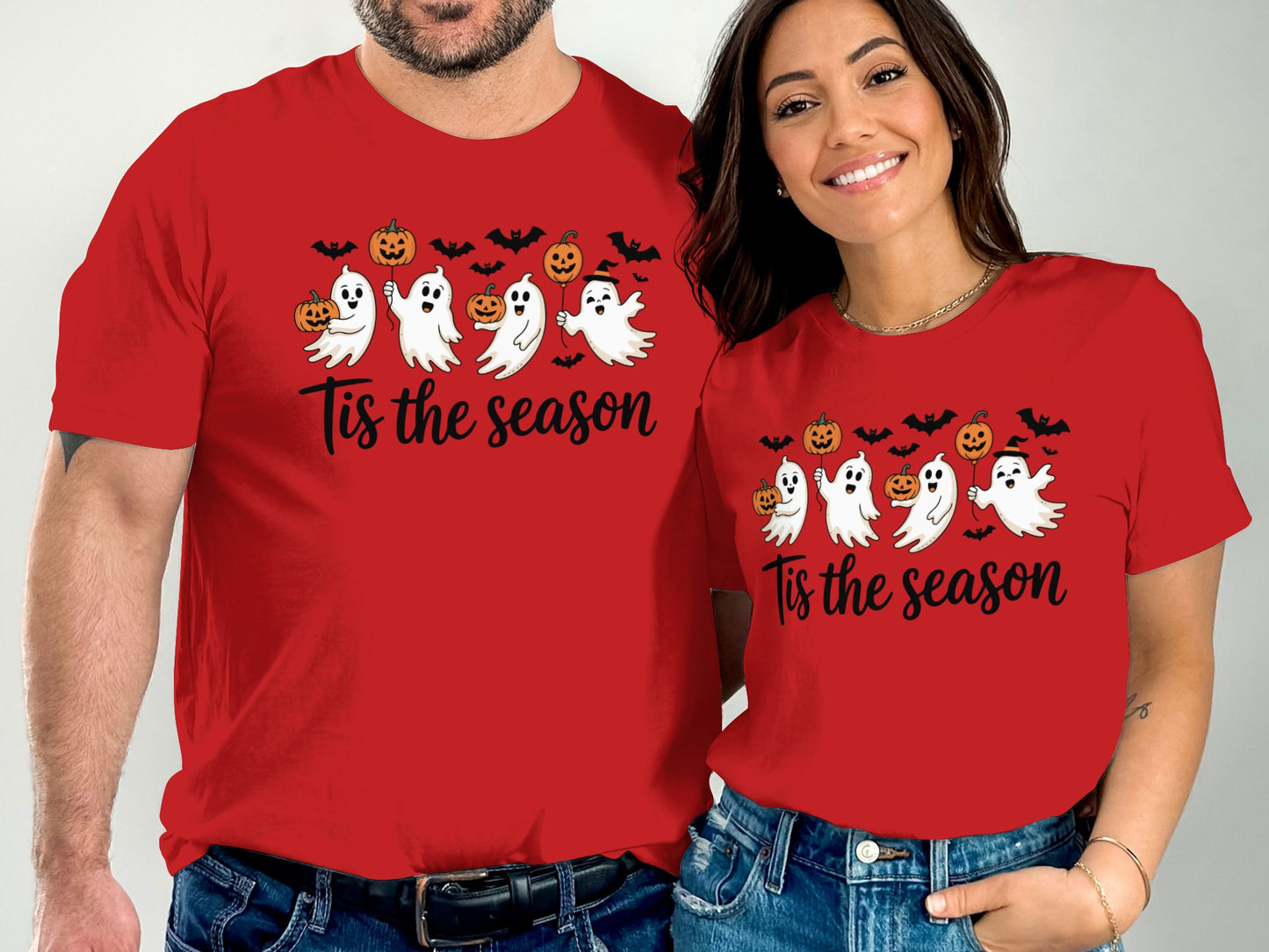 Festive ghost and pumpkin T-shirt Tis the season product type