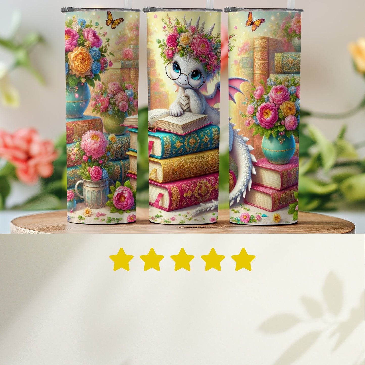 Whimsical Dragon with Flowers on Stacked Books product