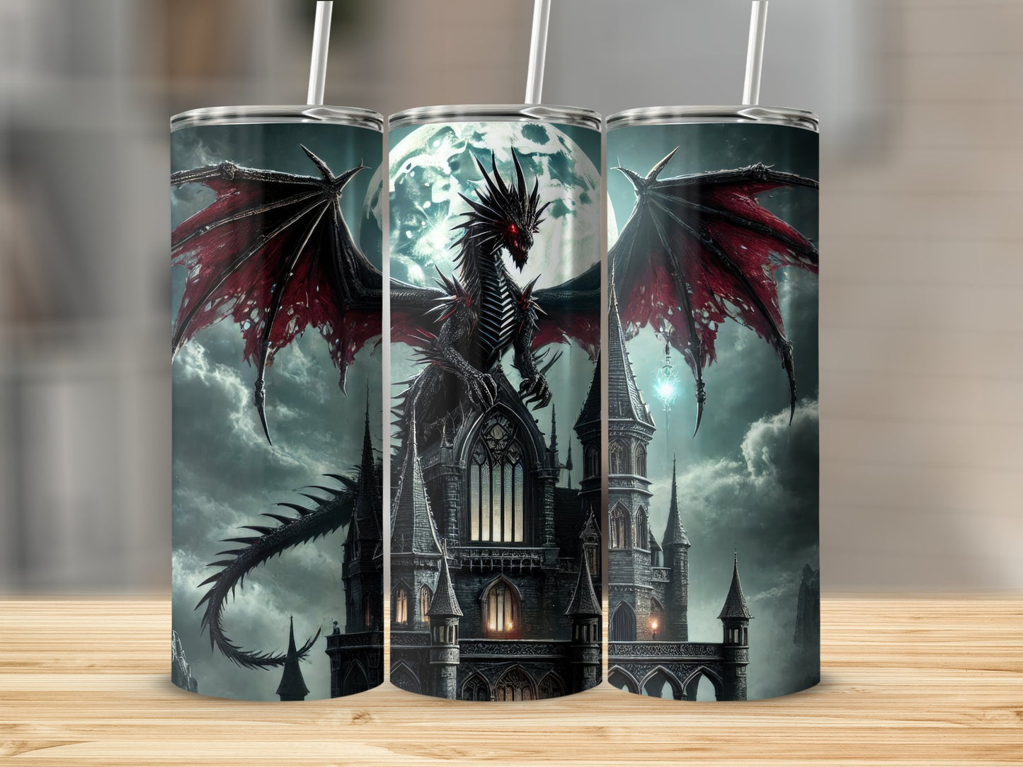 Dramatic Gothic Dragon Against Moon Sky Tumbler product