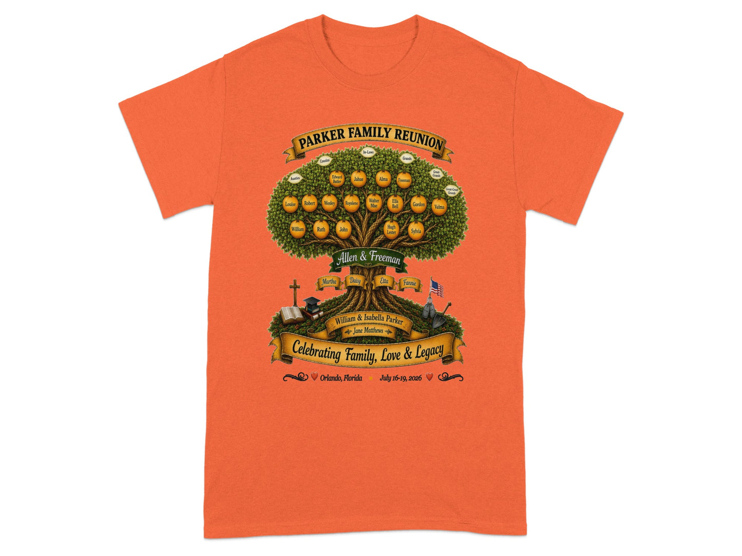 Parker family reunion t-shirt with tree design and reunion details.