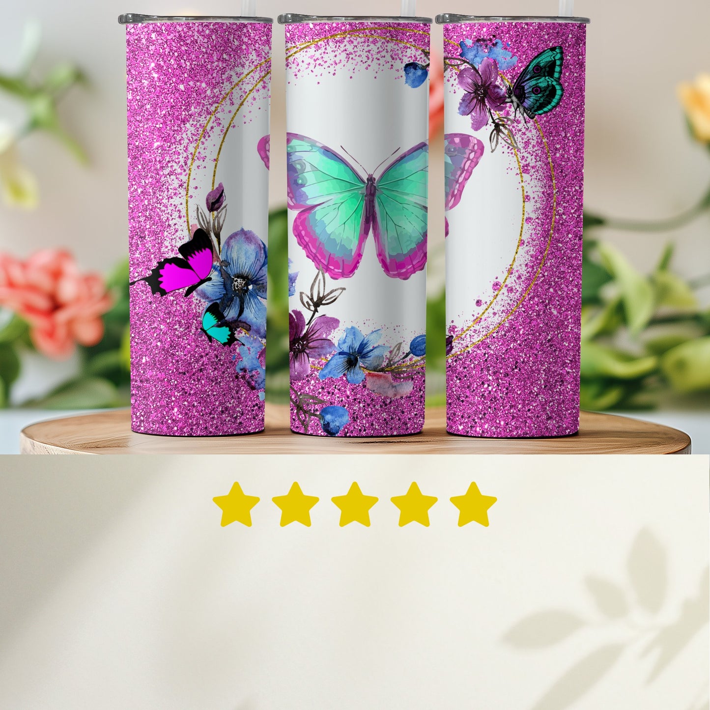Sparkle Pink Butterfly Floral Design Tumbler product type