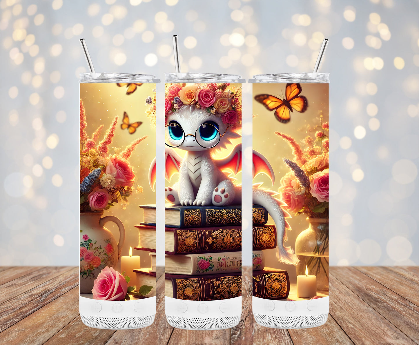 Cute Fantasy Dragon with Books design tumbler product