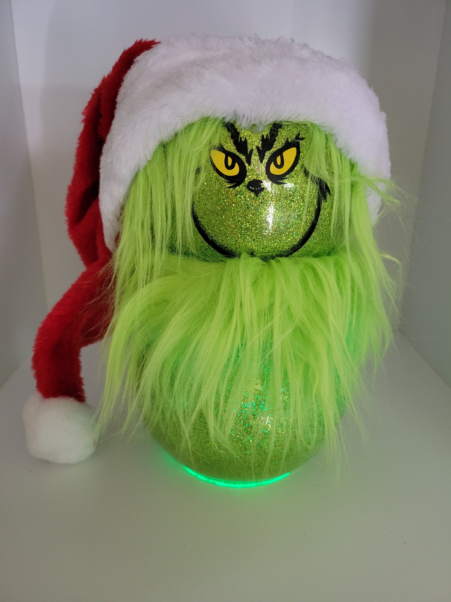 Green Glitter Grinch Head with Santa Hat Decoration